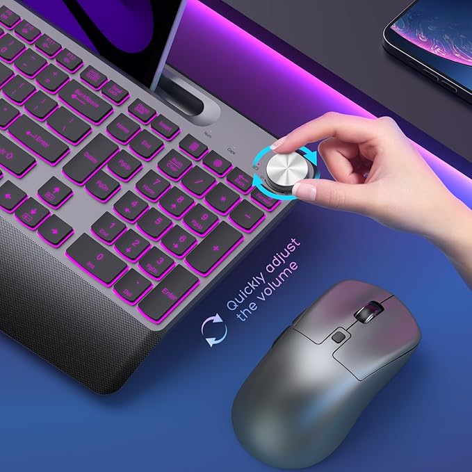 Backlit Keyboard and Mouse Combo, 7 Colors Wireless Keyboard Ergonomic with Wrist Rest and Volume Knob,Phone Holder,Rechargeable with Light Up Keyboard for Laptop, PC, Mac, Windows -Black