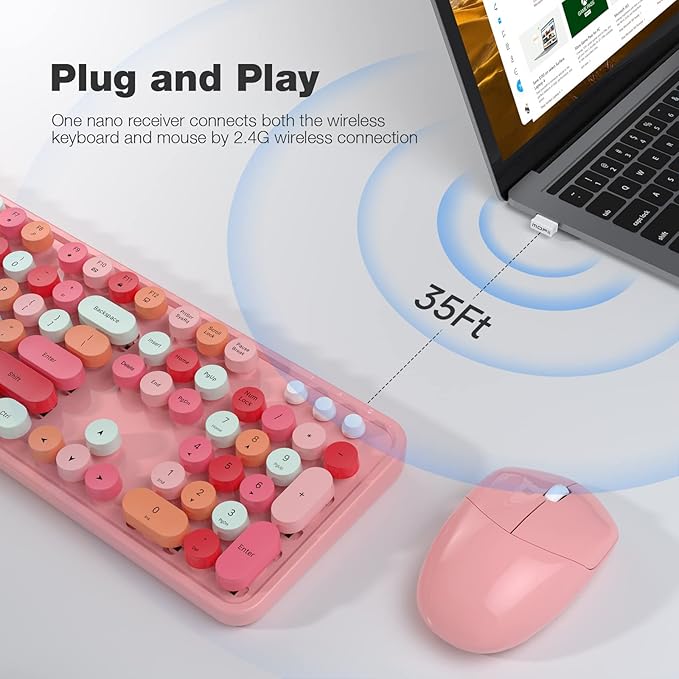 Wireless Keyboard and Mouse Combo, MOWUX Colorful Computer Full Size 2.4G Plug and Play Wireless Typewriter Keyboard and Mouse Set for Windows, Computer, Desktop, PC, Notebook (Pink Colorful)
