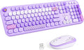 Wireless Keyboard and Mouse Combo, MOWUX Full Size Typewriter Retro Round Computer Keyboard, Cute Optical Mouse Wireless, Plug and Play, for Laptop, PC, Computer- Purple Heart