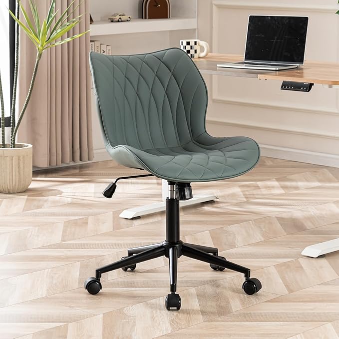 YOUNUOKE Armless Desk Chair Comfy Office Chair with Wheels Home Ergonomic Task Chair Adjustable Computer Chairs Modern Faux Leather Swivel Chair Upholstered Makeup Vanity Chair(Grayish Green)