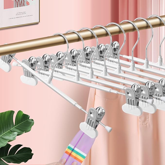 Clothes Pants Hangers with Wide Clips 50 Pack,Non-Slip Adjustable Skirt Hanger for Women,Space-Saving Heavy Duty Men Hangers for Pants,Trousers,Jeans,Shorts 12Inch White