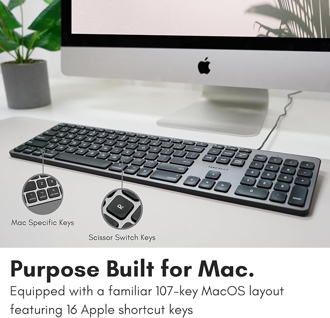Macally Backlit Mac Keyboard - Quiet, Sleek, and Functional - 3 Brightness Levels, 107 Keys, 5ft USB Wired - Apple Keyboard - Backlit Wired for Mac, iMac, MacBook Pro/Air - Space Gray