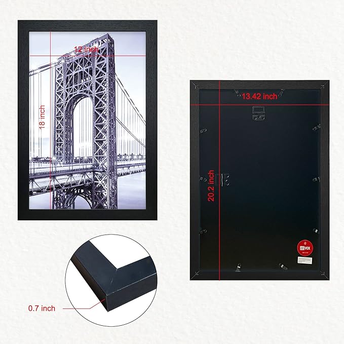 VCK Picture Frame 12x18 Wooden Poster Frames with High Definition Plexiglass Front Wall Mounting Display Horizontally and Vertically Black Photo Frame