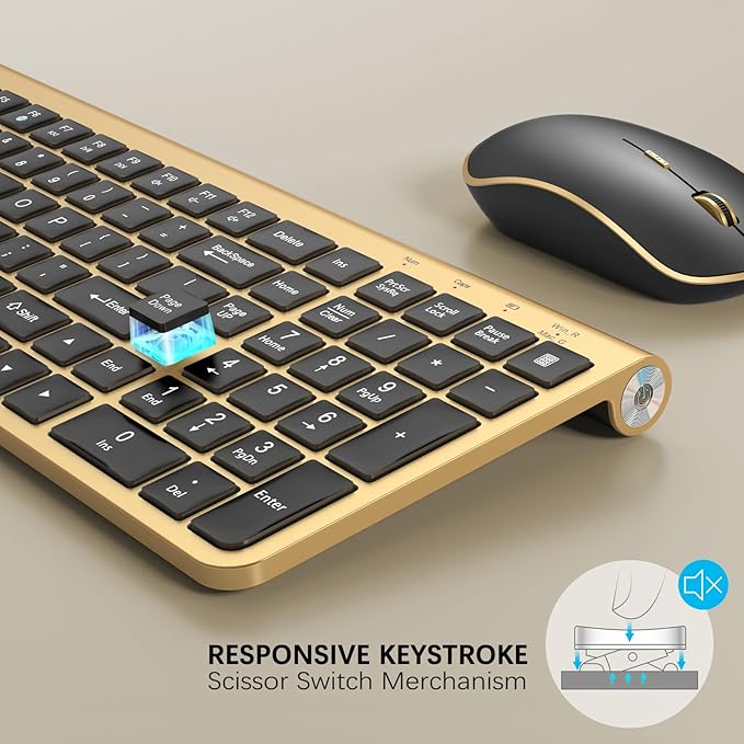 JOYACCESS Black Gold Wireless Keyboard Mouse Combo,Ergonomic Cordless Keyboard with Adjustable Tilt,Comfortable and Quiet Mouse for Laptop,Computer,PC
