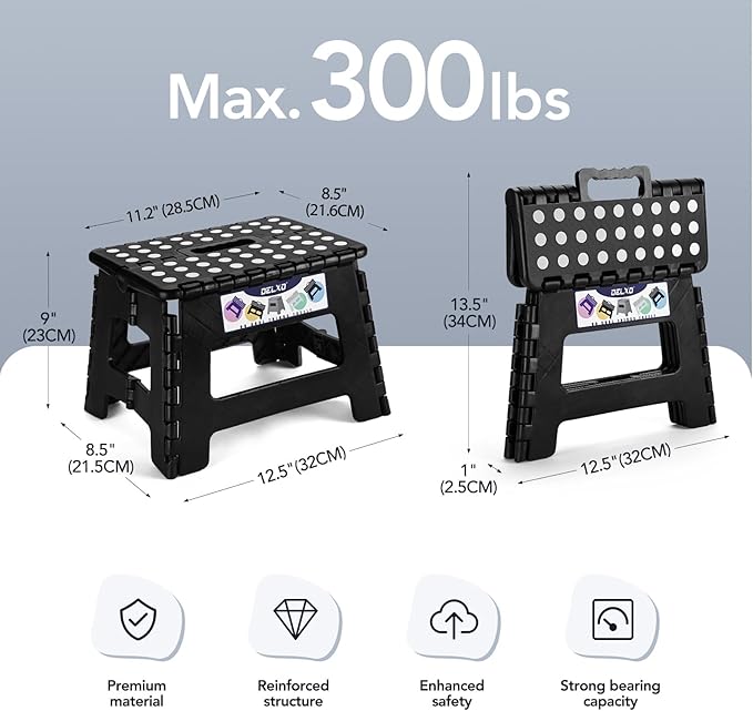 Delxo 9 Inch Folding Step Stool, Black Step Stools for Kids Foldable,Portable Collapsible Step Stool with Handle, Folding Stool for Kitchen Bathroom,Bedroom,Garden