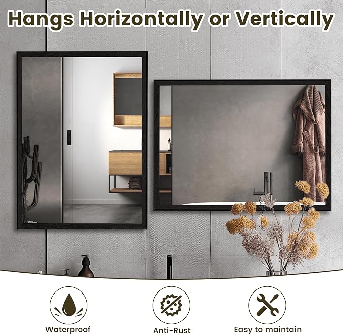 WEER Black Framed Mirror for Bathroom, 22x30 Inch Framed Bathroom Mirror, Rectangular Wall Mounted Mirror, Matte Black Vanity Mirrors, Tempered Glass, Vertically or Horizontally, Anti-Rust