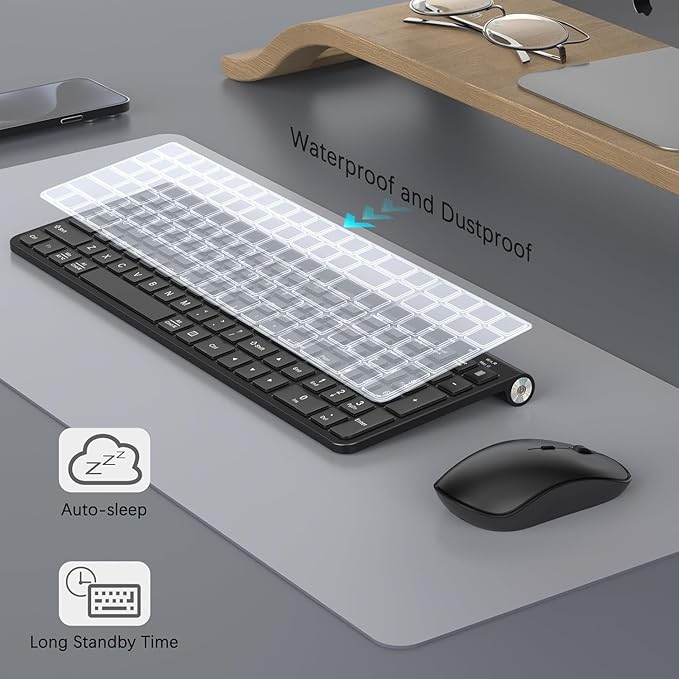 JOYACCESS Wireless Keyboard Mouse Combo, Ergonomic Wireless Keyboard with Adjustable Stand, Type-C Connector,and Waterproof Film Compatible with Win 7/8/10, MacBook Pro/Air, Laptop - Black