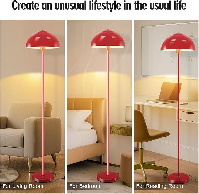 Industrial Floor Lamp, Red Floor Lamp for Living Room, 66Inch Tall Modern Standing Lamp, Stand Up Lamp with Metal Dome Shade, Mid Century Corner Reading Lamp for Bedroom Office Nursery Room, NO BULB