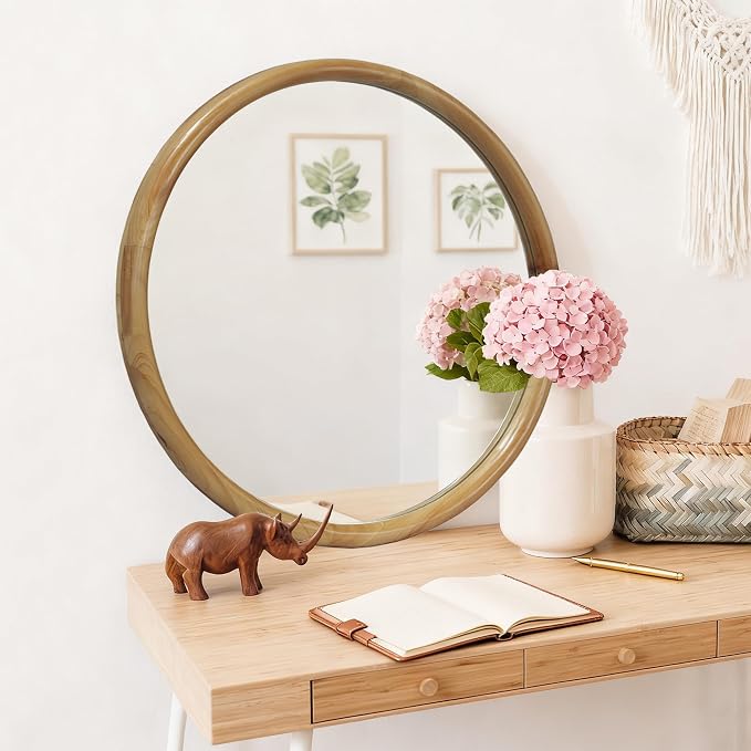 35.43" Round Wood Framed Wall Mirror For Bathroom Vanity Mid-Century Modern Decorative Mirrors Natural Wooden Circle Mirror For Living Room Bedroom Hallway Entryway Wall Mounted Modern Farmhouse Decor