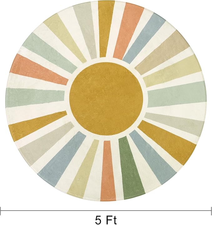 STARUIA Boho Washable Rug 5 Ft Round Area Rug for Bedroom, Rainbow Circle Kids Rug for Office, Non-Slip Circluar Carpet Soft Sunshine for Dorm Nursery Sofa Living Room Corner