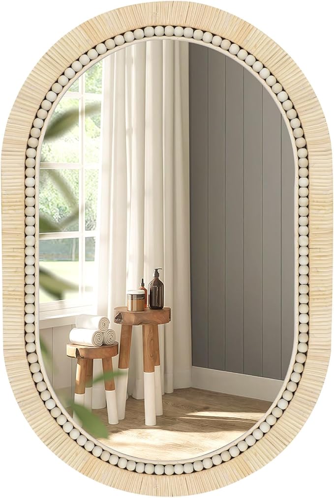 ULIKE Rattan Mirror for Bathroom, 20x30 Inch Oval Rustic Farmhouse Wall Decor with Handmade Wicker Frame, Boho Mirror for Nursery Bedroom Living Room Entryway