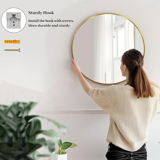 Sunniry Gold Round Mirror, Circle Mirror 26 inch, Gold Circle Mirrors Brushed Metal Frame, Round Mirrors for Wall, Living Room, Bathroom, Entryway, Rustic.