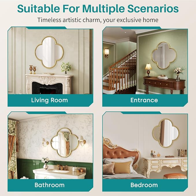 Vintage Wall Mirror Decor - 31.5" Large Antique Gold Four-Leaf Clover Mirror with Rope-Like Frame, Wall Decorative Mirrors for Living Room, Bedroom, Fireplace, Bathroom