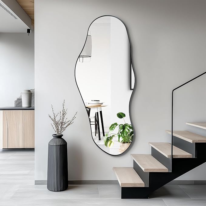 Irregular Wall Mirror, 47"x20.5" Asymmetrical Decorative Accent Mirror with Black Metal Frame, Organic Shape Mirrors for Entryway Bedroom Living Room, Horizontal or Vertical Hanging