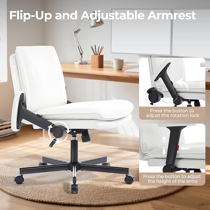 Criss Cross Chair with Flip-Up Arms and Lockable Wheels, Leather Cross Legged Office Desk Chair，Wider 125°Tilting Adjustable Swivel Computer Chair for Home, Apartment, Bedroom,White