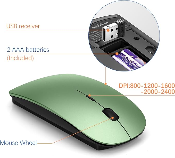 Wireless Keyboard and Mouse Ultra Slim Combo, TopMate 2.4G Silent Compact USB 2400DPI Mouse and Scissor Switch Keyboard Set with Cover, Batteries Included, for PC/Laptop/Windows/Mac - Green Black