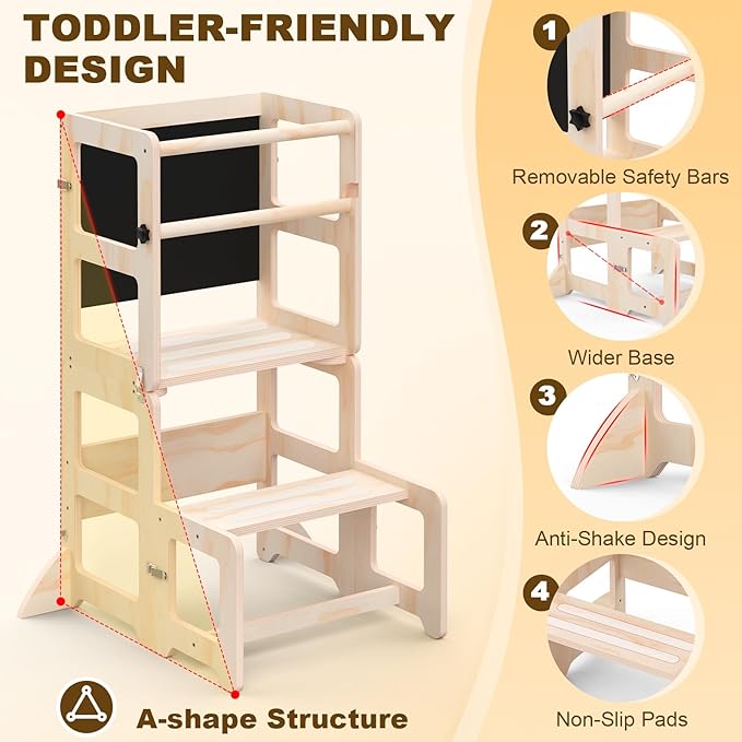 Toddler Kitchen Step Stool, 4-in-1 Foldable Standing Tower with Blackboard, Toddler Step Stool for Bathroom Sink, Kitchen Counter, Ages 18 Months to 4 Years