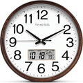 TIMESS Wall Clock, Classic Wood Style Finish, 11 Inch Non-Ticking Silent Battery Operated Quartz Analog with Perpetual Calendar and F° Temperature Display, Home, Office Décor (Wood Brown)
