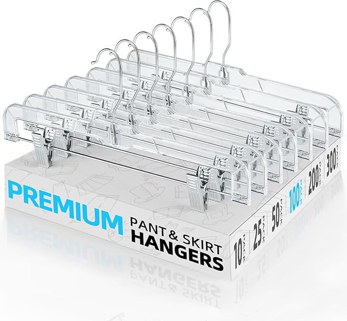 HOUSE DAY Clear Pants Hangers 100 Pack, Non-Slip Plastic Skirt Hanger with 2 Adjustable Clips, Heavy Duty Clip Hangers for Pants, Skirts, Shorts, 14" Clear Hanger, 360-Rotating Swivel Hook