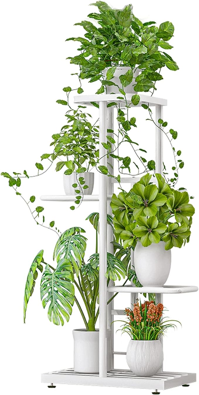 LINZINAR Plant Stand Indoor Outdoor Metal 4 Tier 5 Potted Multiple Flower Pot Holder Shelf Planter Display Shelving Unit for Patio Garden Corner Balcony Living Room (4 Tier 5 Potted, White)