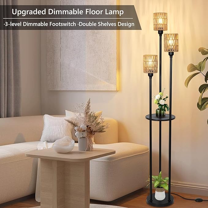 Dimmable Boho Floor Lamps for Living Room, 3-Lights Farmhouse Floor Lamp with 3-Way Foot Switch, Rattan Floor Lamp with Shelves, Rustic Standing Lamp with Rattan Shades, Tall Lamps for Bedroom
