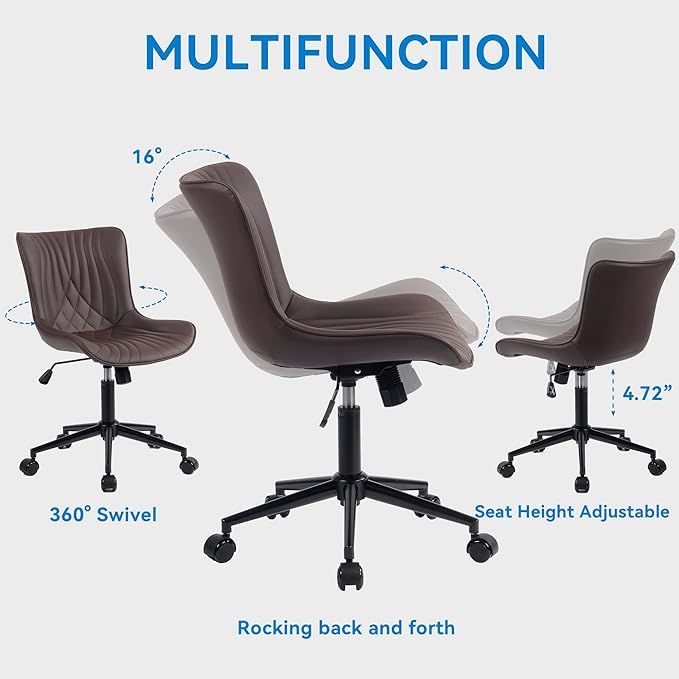 YOUNIKE Office Chair, Armless Desk Chair with Wheels, Home Office Computer Task Chairs, Modern Faux Leather Upholstered Vanity Chair, Adjustable Swivel Rocking Chair with Back, Espresso Brown