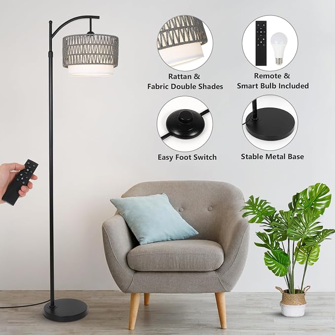 eyassi Floor Lamps for Living Room, Arc Standing Lamp with Remote & Dimmable Bulb, Boho Rattan Floor Lamp for Bedroom with 3 Color Temperatures, Farmhouse Tall Lamp, Height Adjustable Stand up Lamp