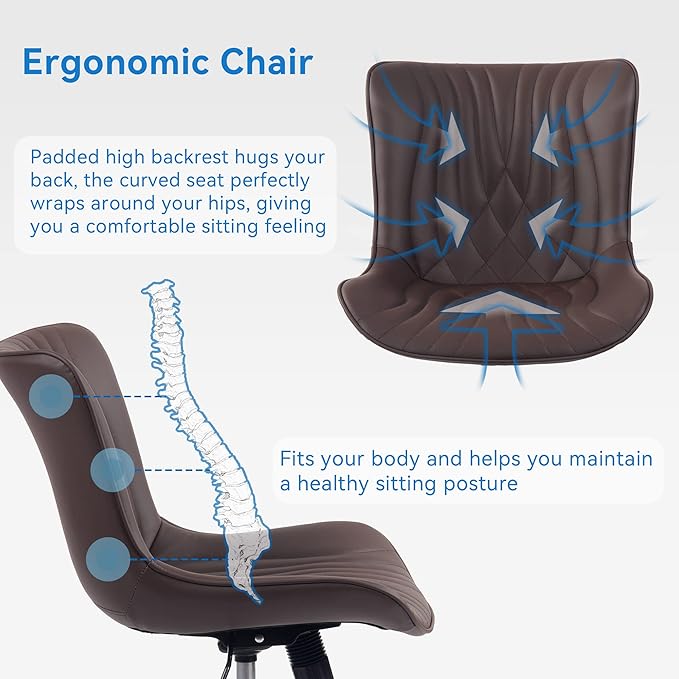 YOUNIKE Office Chair, Armless Desk Chair with Wheels, Home Office Computer Task Chairs, Modern Faux Leather Upholstered Vanity Chair, Adjustable Swivel Rocking Chair with Back, Espresso Brown