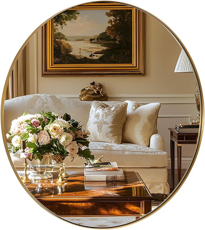 ANDY STAR Round Gold Mirror 30 inch, Brass Mirror with Brushed Gold Frame, Wall Mounted Stainless Steel Metal Frame Round Mirror for Bathroom, Living Room, Bedroom