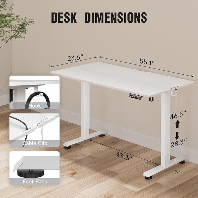 Veken 55 Inch, Height Adjustable Sit Stand Up, Wood Desktop, Work Home Office Computer PC Table, Tall Standup Workstation, Gaming Writing Study Bedroom Rising Desks, White