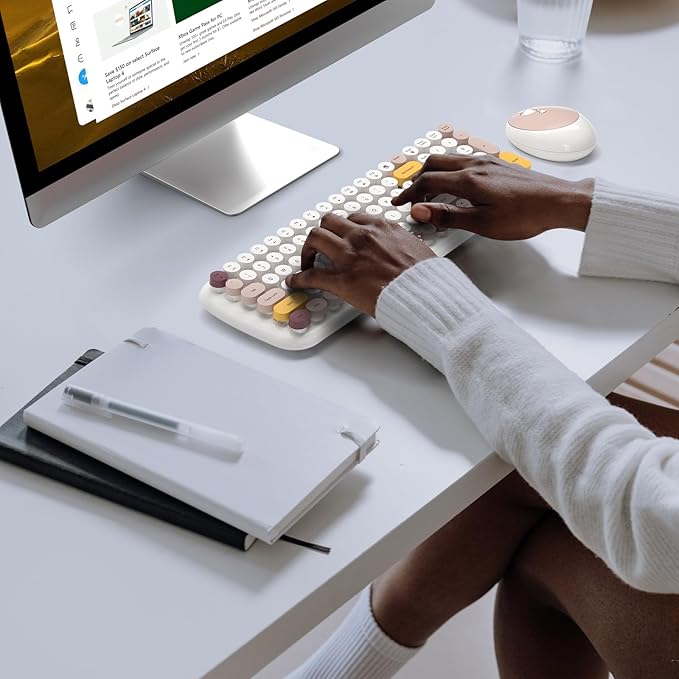 Wireless Keyboard and Mouse Combo, MOWUX - Modern Compact Layout, Colorful Compact Candy Mouse and Retro Round Keyboard Set with Cover, for PC/Laptop/Windows/Mac - Off-White Colorful