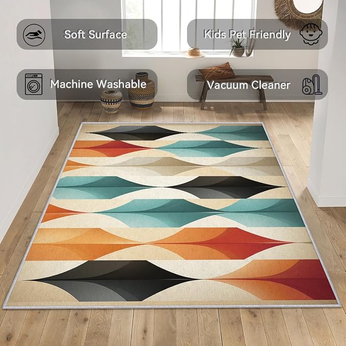 Mid Century Modern Area Rug 8x10, Washable Non Slip Low Pile Abstract Geometric Carpet for Living Room Bedroom Dining Room, Contemporary Retro Accent Rug, Ivory Teal Orange Black