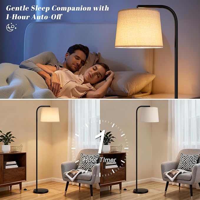 Ambimall Remote-Controlled Floor Lamp - Color Temperature Adjustable and Fully Dimmable, Standing Lamp for Living Room with Rotating Head, Tall Lamp for Bedroom, 9W Bulb Included (Black and Beige)