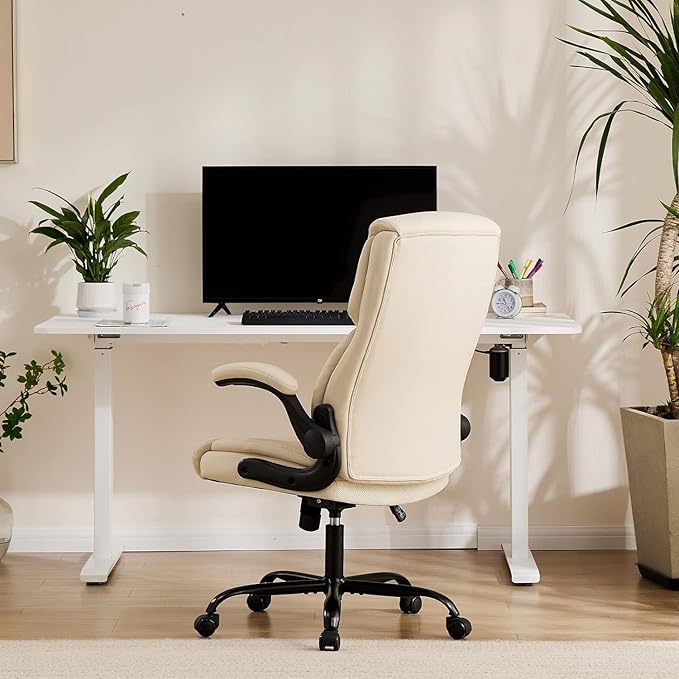 Sweetcrispy Ergonomic Office Chair Heavy Duty Task Desk Chair with Flip-up Arms, PU Leather, Adjustable Swivel Rolling Chair with Wheels, Beige