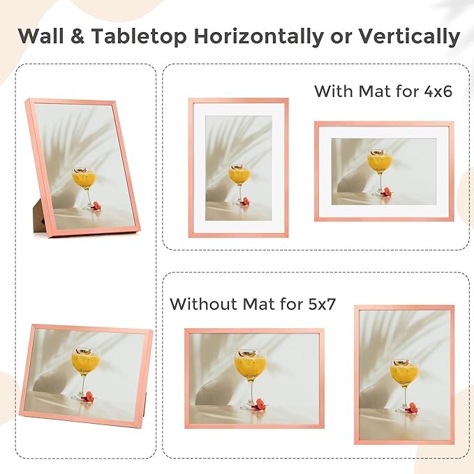 5x7 Picture Frame | 5x7 Metal Frame With Mat For 4x6 | 5 x 7 Aluminum Photo Frame | Plexiglass And Hanging Hardware Included | 5 By 7 Picture Frame | 3Pcs, Rose Gold