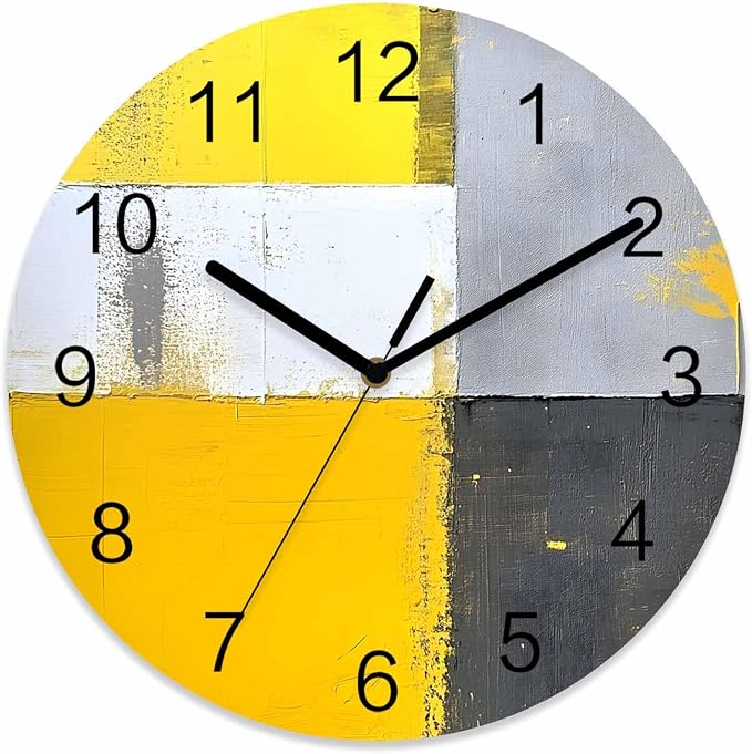 Abstract Style Wall Clock Battery Operated Non-Ticking 12" Round Wood Clocks, Yellow Gary Color Block Oil Painting Kitchen Wall Clock for School Bathroom Living Room Home Office Wall Decor