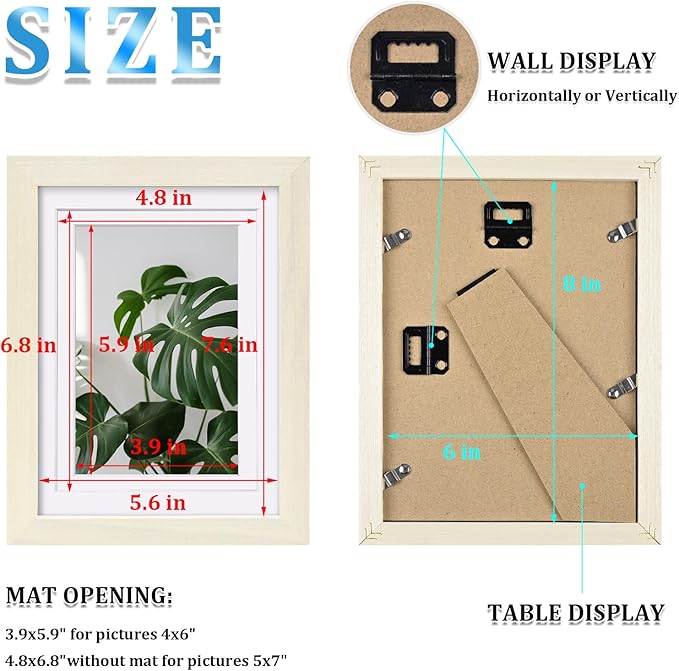 Egofine 6x8 Picture Frame Made of Solid Wood with Plexiglass, Display Pictures 4x6/5x7 with Mat or 6x8 Without Mat for Tabletop and Wall Mounting, Beige