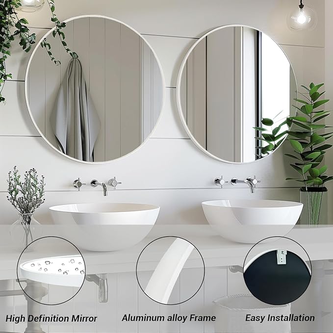 Sunniry White Round Mirror 26 inch, Circle Bathroom Mirror Matte Metal Frame, Circle Mirrors for Living Room, Bathroom, Wall, Hallway.