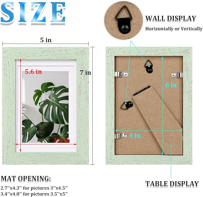 Egofine 4x6 Picture Frame Made of Solid Wood, Covered by Plexiglass Display Pictures 3.5x5 with Mat or 4x6 Without Mat for Table Top Display and Wall Mounting Photo Frame, Rustic Green