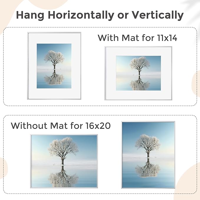 16x20 Metal Picture Frame For Wall With Mat For 11x14, 16''x20'' Aluminum Photo Frames With Tempered Glass, Minimalist Modern Poster Frame Horizontal And Vertical Formats, Silver