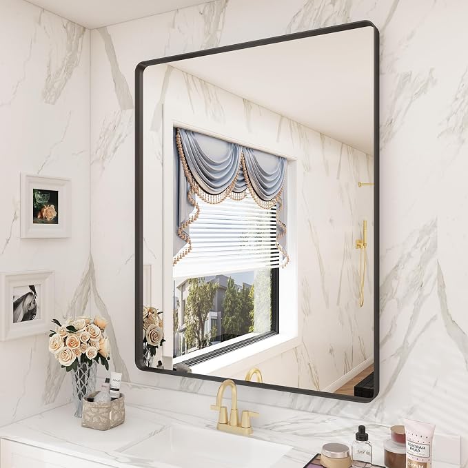 28x36 Black Matte Bathroom Mirror, Rectangle Framed Vanity Mirror for Wall, Rounded Corner, Anti-Rust, Shatterproof (Horizontally/Vertically)