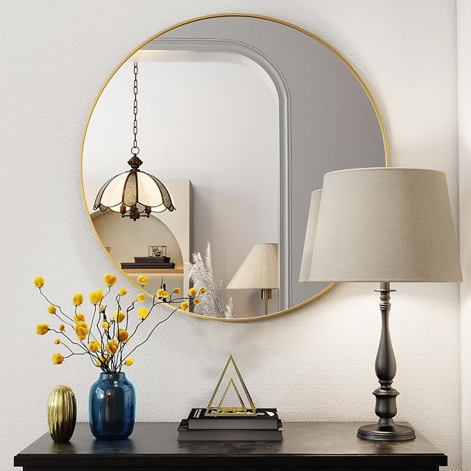 BEAUTYPEAK 20 Inch Round Mirror, Metal Frame Circle Mirror, Wall Mounted for Entryway, Bathroom, Vanity, Living Room, Gold