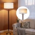 2-Lights Wood Floor Lamp with Pull Chains Dual Switch, Mid-Century Modern Corner Lamp with Pleated Shade, Standing Lamp for Living Room, Bedroom, Office, Reading Room, Dark Walnut Finish