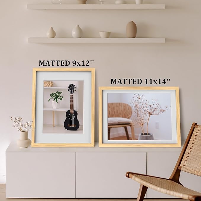Egofine 12x16 Picture Frame Natural Wood Made of Solid Wood with Plexiglass, Display Pictures 9x12/11x14 with Mat or 12x16 Without Mat, for Wall Mounting Photo Frame
