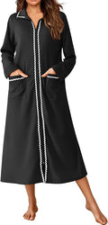 Ekouaer Zipper Robes for Women Long Waffle Knit Bathrobe Lightweight Long Sleeves Robe Soft Sleepwear with Pockets S-XXL