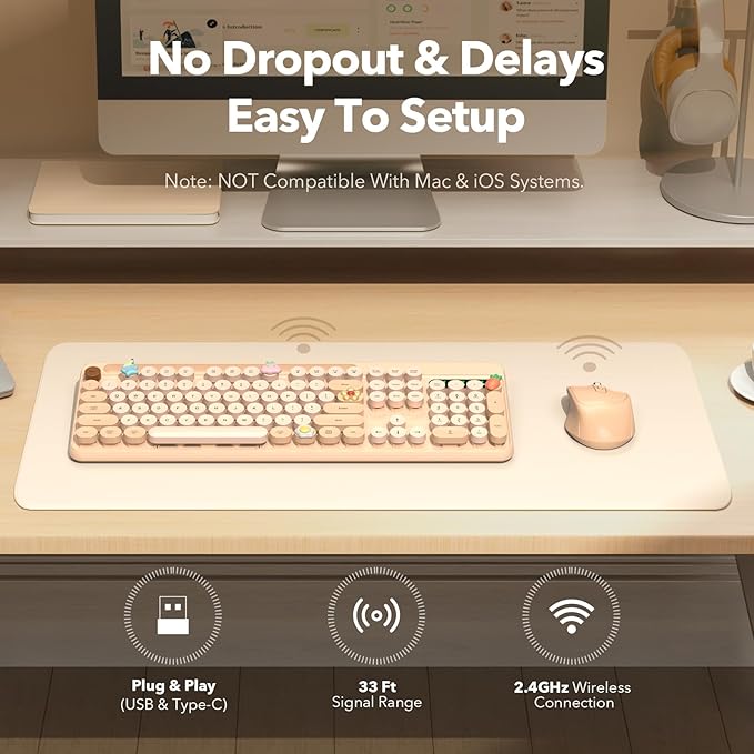 Wireless Keyboard and Mouse Combo, Retro Round Keycaps, Cute Full-Size Typewriter Keyboard with Phone Holder, Sleep Mode, 2.4GHz Cordless Connection for Windows/PC/Laptop (Milk-Tea Colorful)