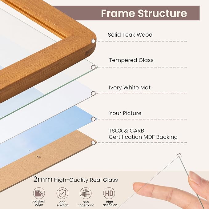 11x14 Picture Frame - Solid Teak Wood 11x14 Frame With Mat For 8x10, 11''x14'' Poster Frame, Plexiglas and Hanging Hardware Included, 11 By 14 Poster Frame Wood, Natural Teak