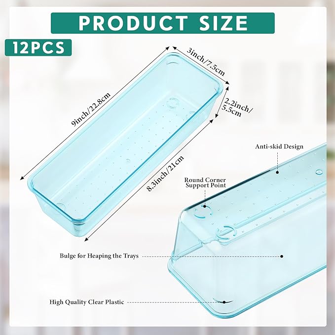 Maitys 12 Pcs Clear Drawer Organizer 9 x 3 x 2 Inches Plastic Rectangle Trays