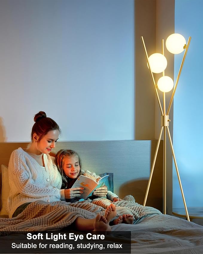 3 Globe Dimmable Tripod Floor Lamp, Mid Century Standing Lamps with 3Pcs 3000K Bulbs Included, Modern Tall Lamp for Living Room Bedroom Office-Gold