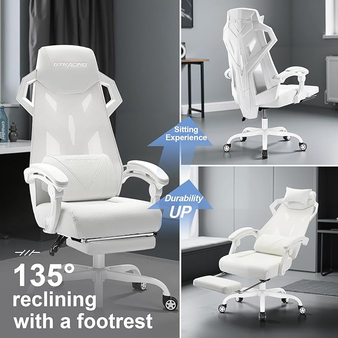 GTRACING Gaming Chair, Computer Chair with Mesh Back, Ergonomic Game Chair with Footrest, Reclining Game Chair with Adjustable Headrest and Lumbar Support for Gaming and Office (White)
